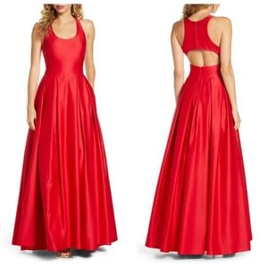 Red Satin Ballgown Prom Formal Wedding Cutout Back